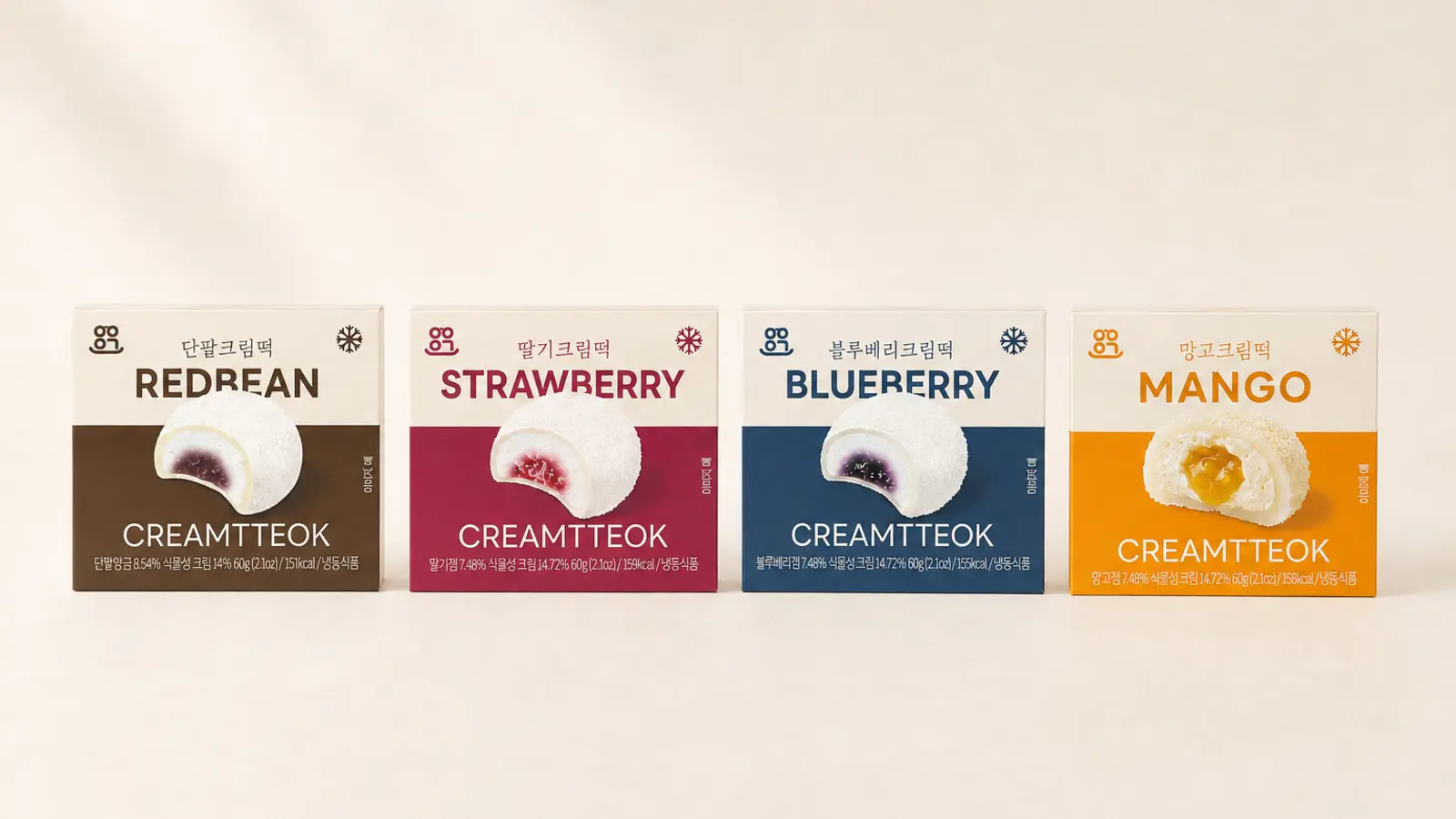 Four 60g single-unit Korean cream rice cake packages: sweet red bean, strawberry, blueberry and mango