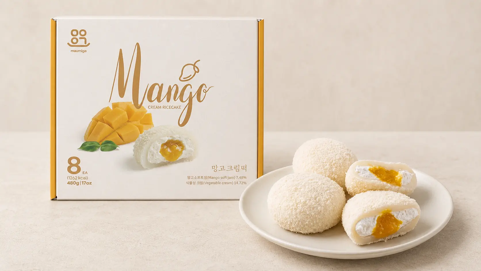 Mango cream Korean rice cake 8-piece retail box and plated product