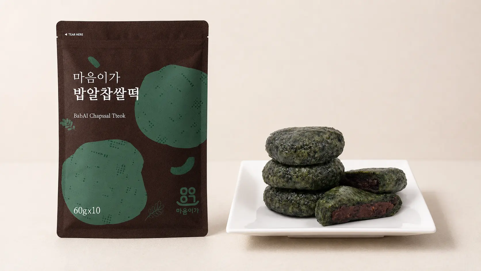 Babal glutinous Korean rice cake pouch and plated product