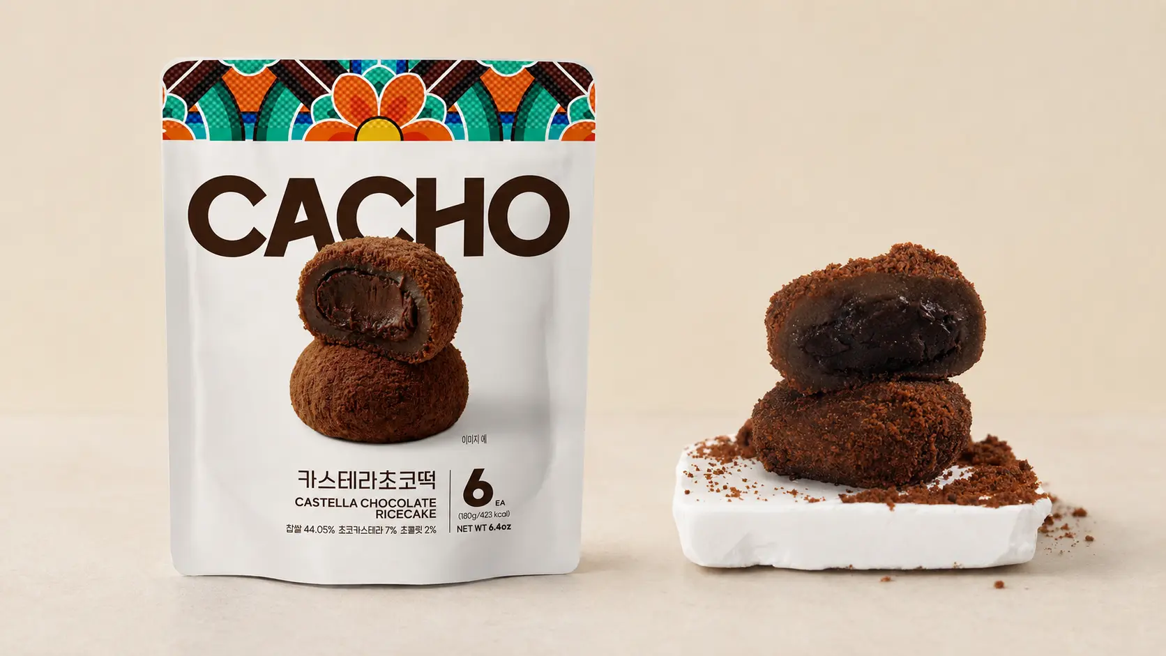 Castella chocolate Korean rice cake pouch and plated product