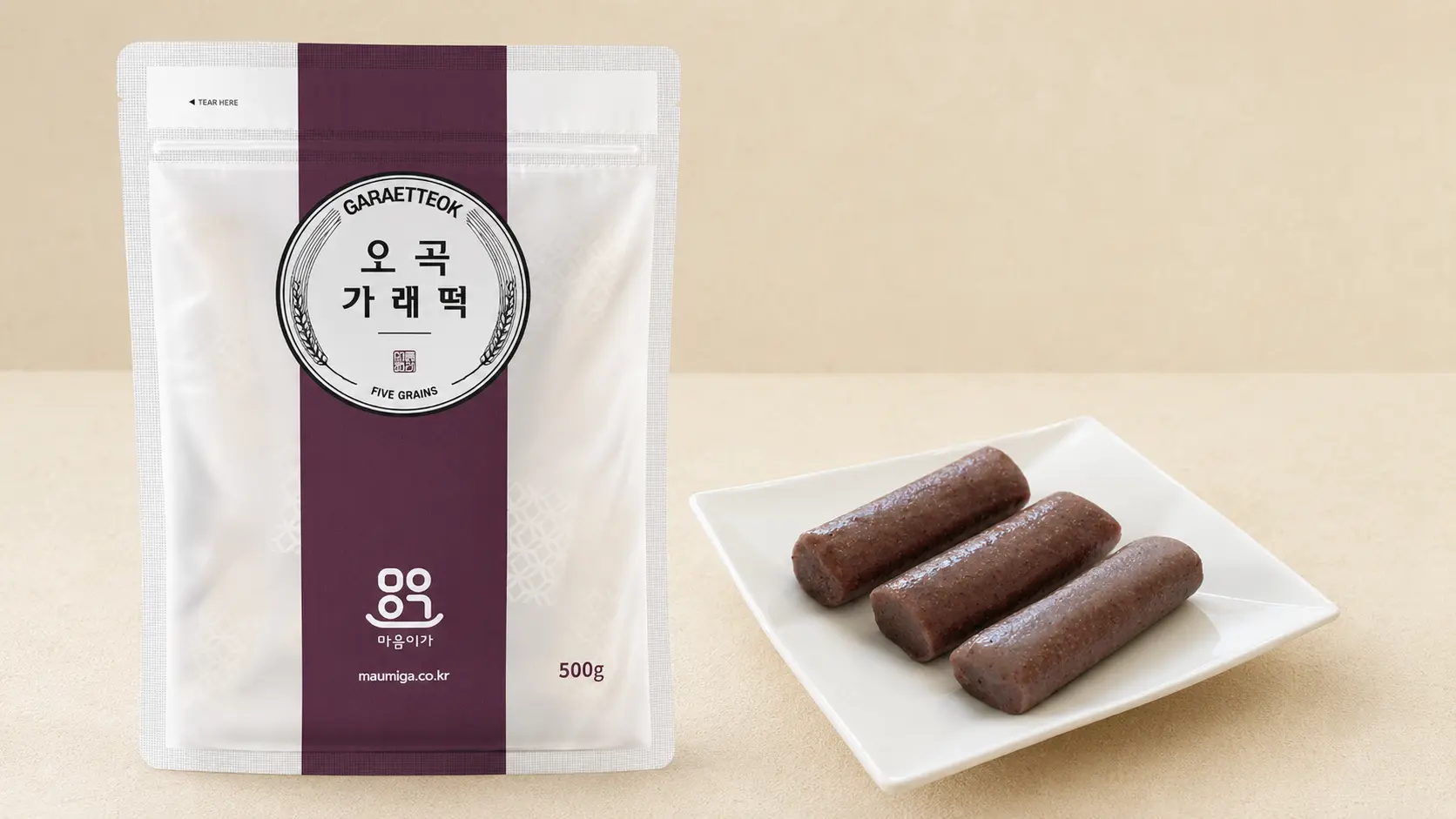 Five Grain Garaetteok 500g package and plated product