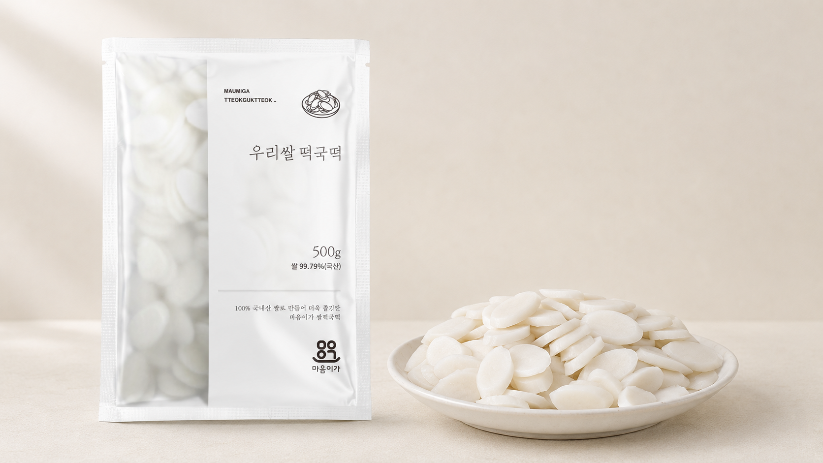 MAUMIGA 500g sliced tteokguk rice cake package and plated product